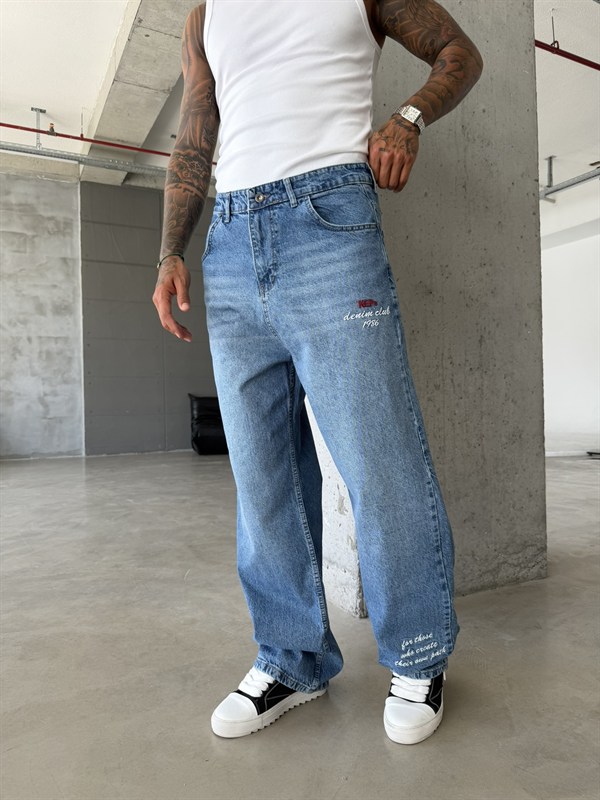 Premium Detaylı Nakış İşlemeli Baggy Pantolon - İndigo