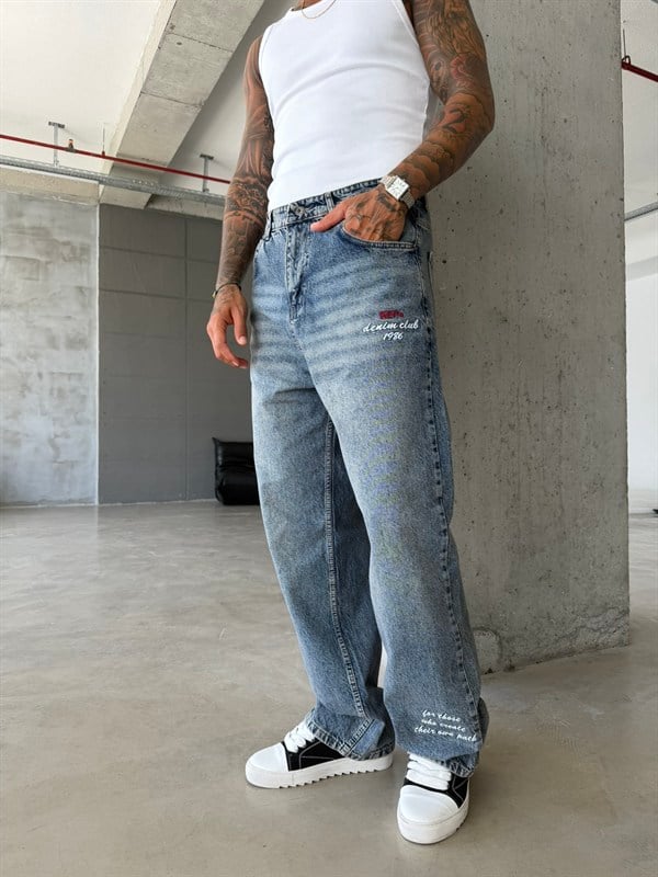 Premium Detaylı Nakış İşlemeli Baggy Pantolon - Mavi 