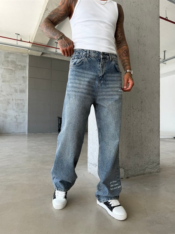 Premium Detaylı Nakış İşlemeli Baggy Pantolon - Mavi 