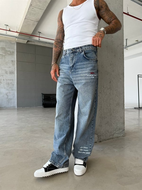 Premium Detaylı Nakış İşlemeli Baggy Pantolon - Mavi 