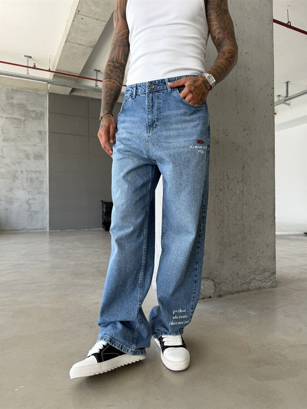 Premium Detaylı Nakış İşlemeli Baggy Pantolon - İndigo