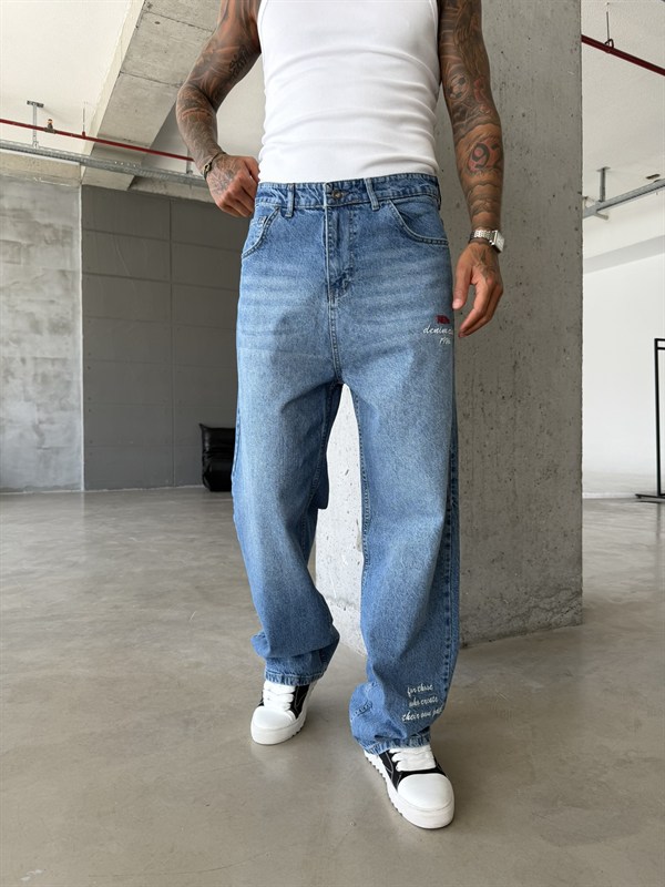Premium Detaylı Nakış İşlemeli Baggy Pantolon - İndigo