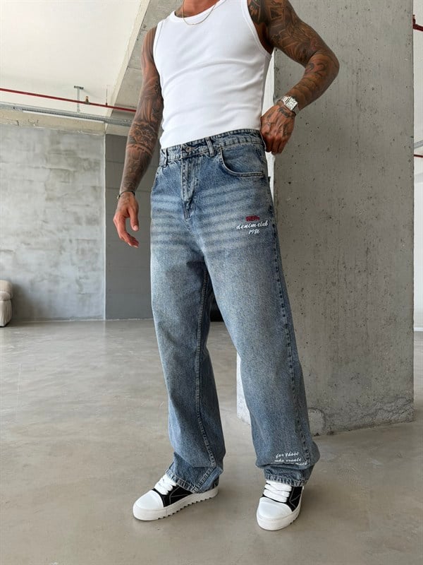 Premium Detaylı Nakış İşlemeli Baggy Pantolon - Mavi 