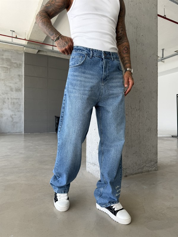 Premium Detaylı Nakış İşlemeli Baggy Pantolon - İndigo