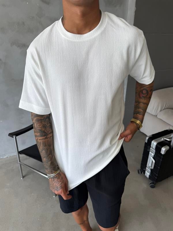 Premium Fitil Detaylı T-Shirt - Beyaz