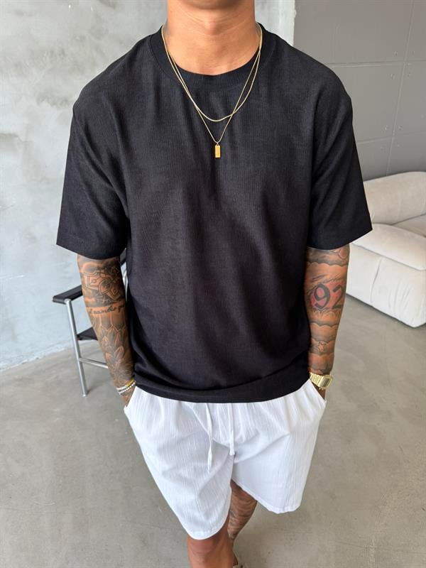 Premium Fitil Detaylı T-Shirt - Siyah