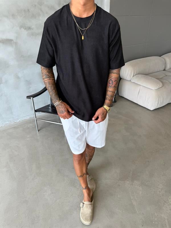 Premium Fitil Detaylı T-Shirt - Siyah