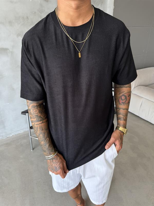 Premium Fitil Detaylı T-Shirt - Siyah