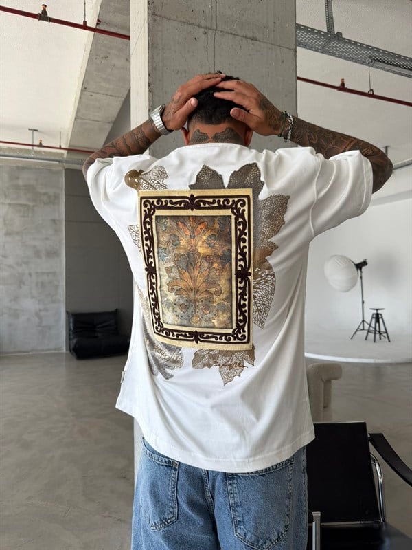 Premium İşleme Desening T-Shirt - Beyaz