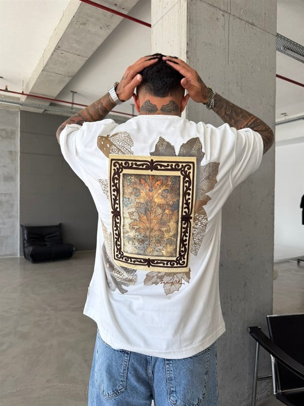 Premium İşleme Desening T-Shirt - Beyaz