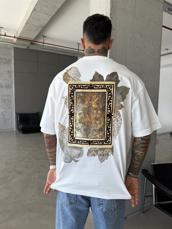 Premium İşleme Desening T-Shirt - Beyaz
