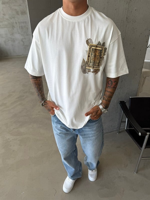 Premium İşleme Desening T-Shirt - Beyaz