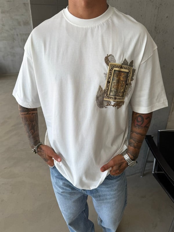 Premium İşleme Desening T-Shirt - Beyaz