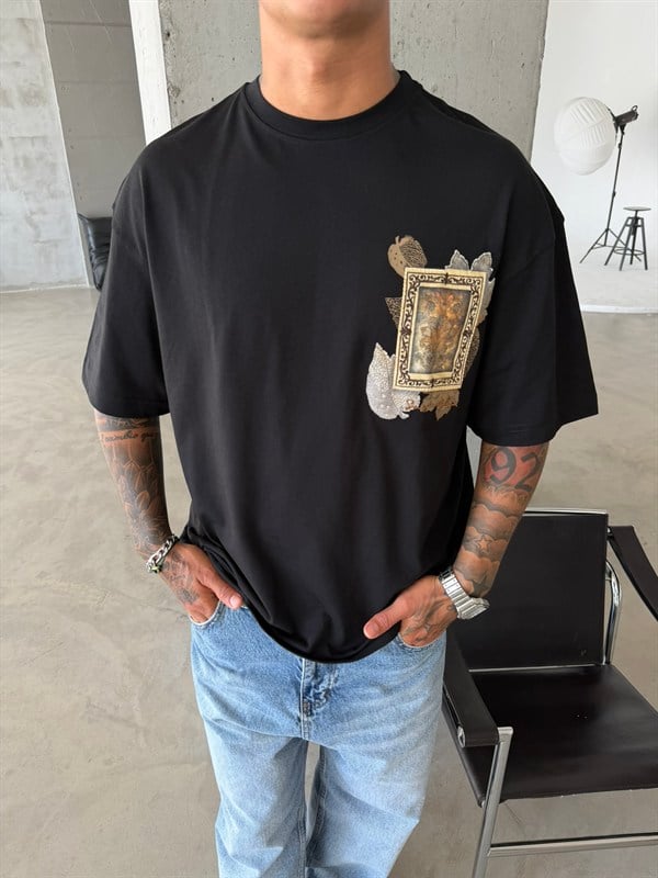 Premium İşleme Desening T-Shirt - Siyah
