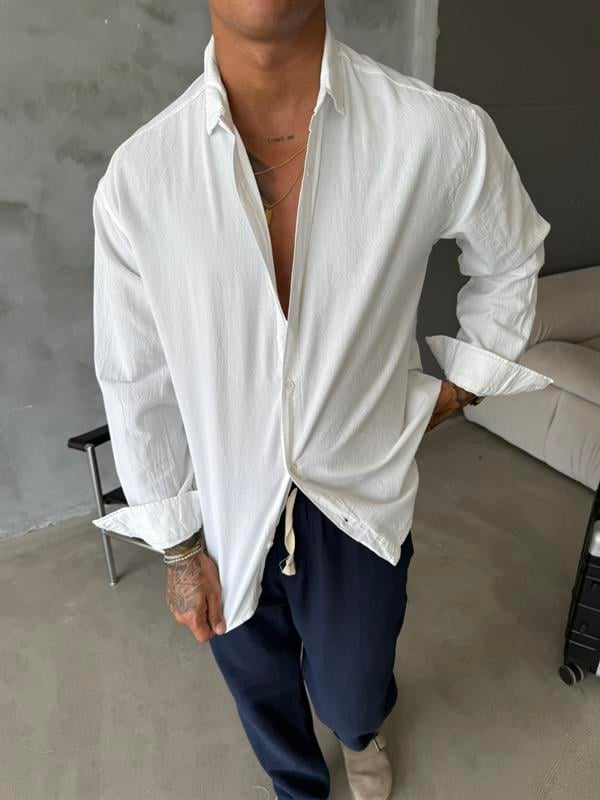 Premium Keten Gömlek Basic - Beyaz