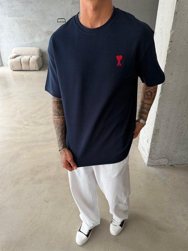 Premium Minimal Nakış A Kalp T-Shirt - Lacivert