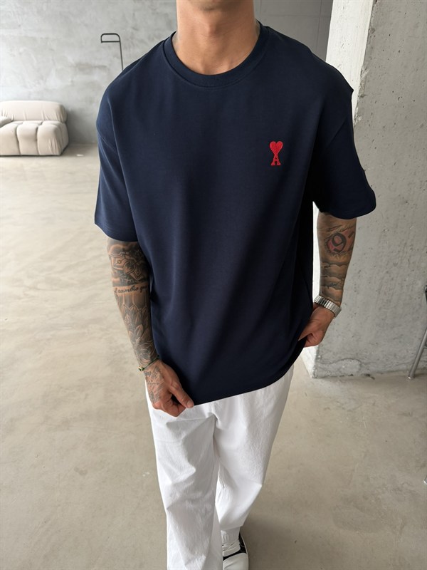 Premium Minimal Nakış A Kalp T-Shirt - Lacivert