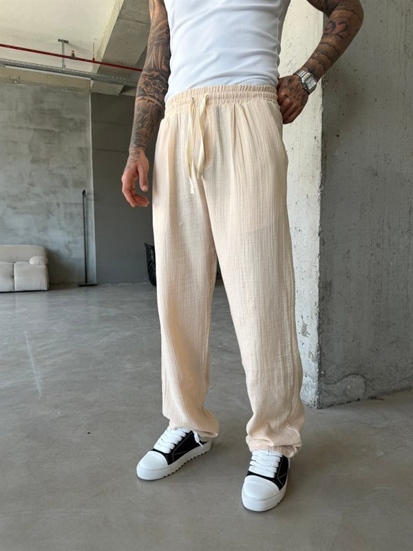 Premium Müslin Kumaş Baggy Pantolon - Bej