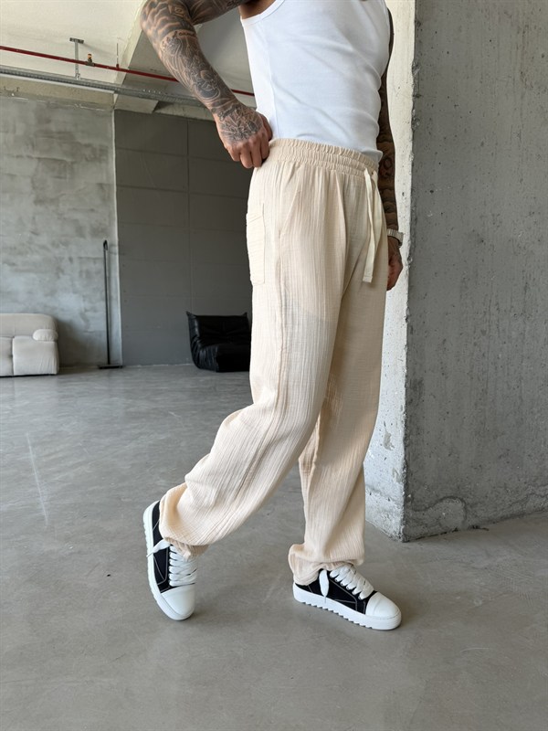 Premium Müslin Kumaş Baggy Pantolon - Bej
