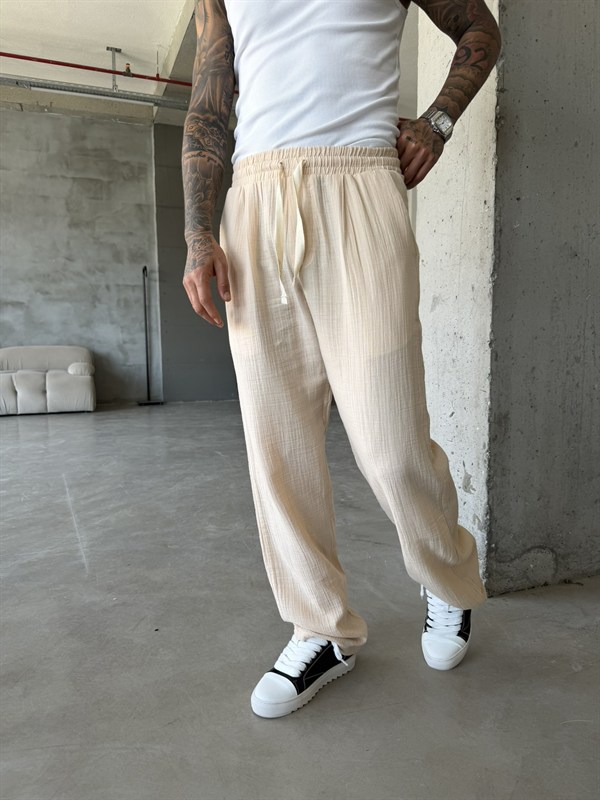 Premium Müslin Kumaş Baggy Pantolon - Bej
