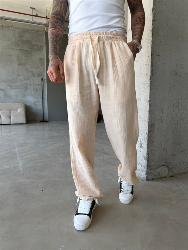 Premium Müslin Kumaş Baggy Pantolon - Bej