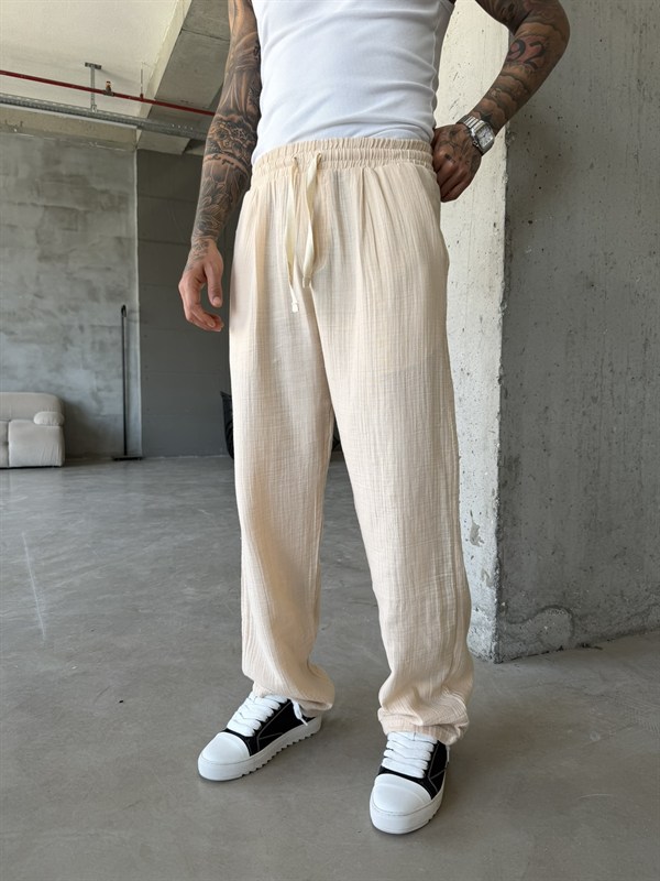 Premium Müslin Kumaş Baggy Pantolon - Bej