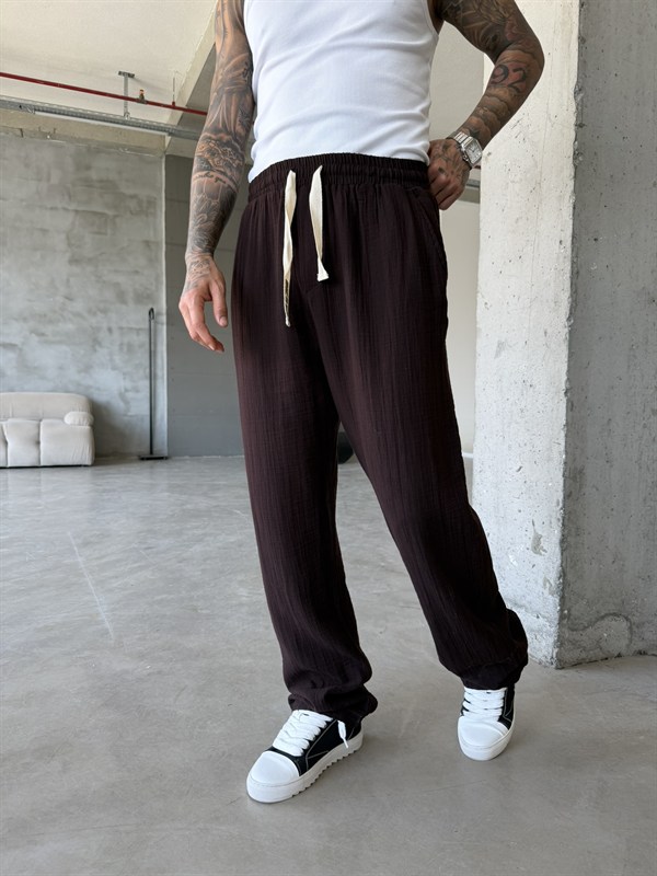 Premium Müslin Kumaş Baggy Pantolon - Kahve