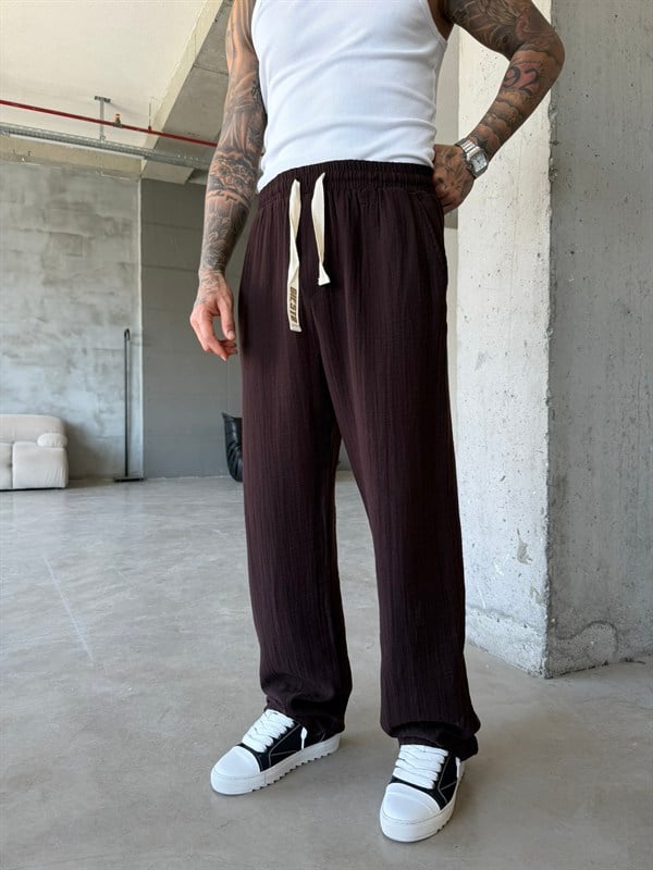 Premium Müslin Kumaş Baggy Pantolon - Kahve
