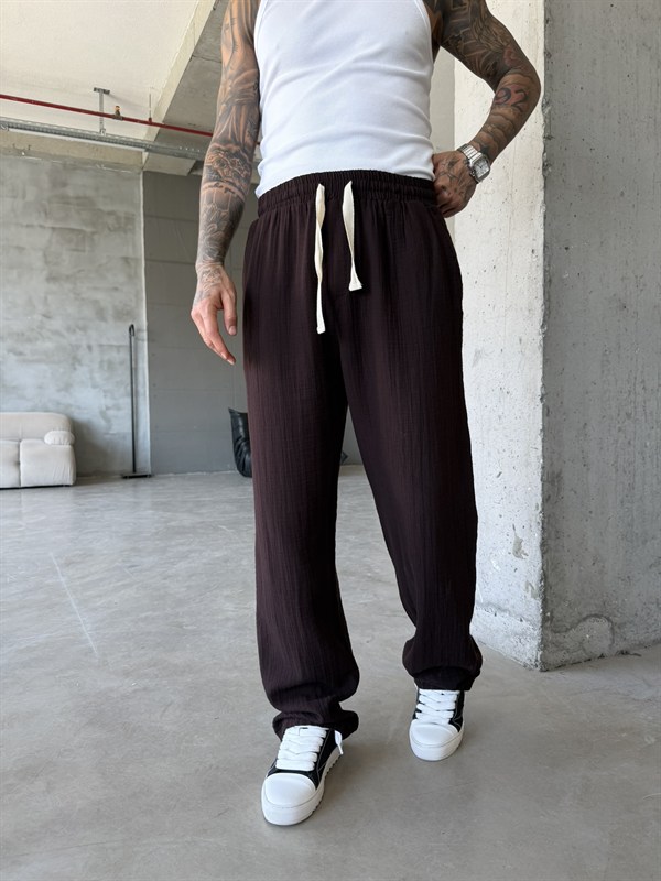 Premium Müslin Kumaş Baggy Pantolon - Kahve