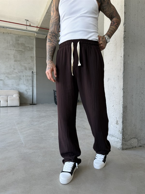 Premium Müslin Kumaş Baggy Pantolon - Kahve
