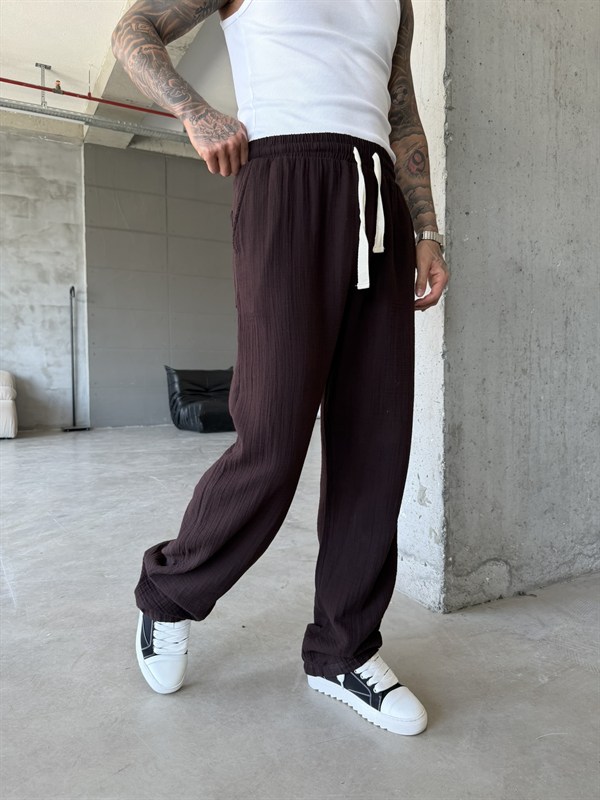 Premium Müslin Kumaş Baggy Pantolon - Kahve
