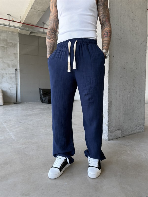 Premium Müslin Kumaş Baggy Pantolon - Lacivert