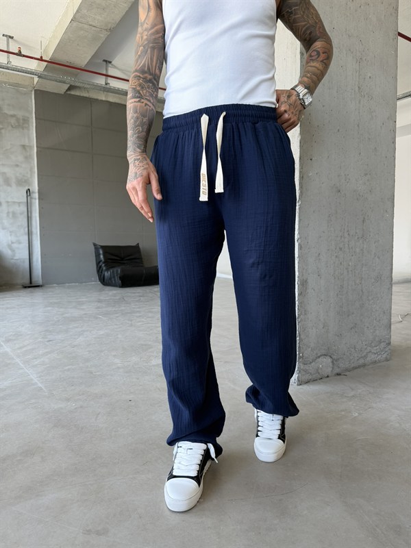 Premium Müslin Kumaş Baggy Pantolon - Lacivert