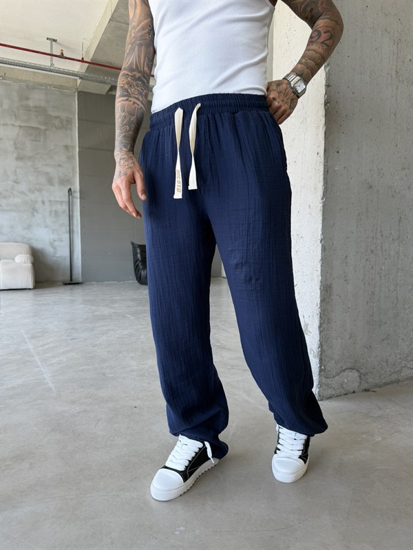 Premium Müslin Kumaş Baggy Pantolon - Lacivert