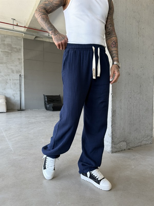 Premium Müslin Kumaş Baggy Pantolon - Lacivert