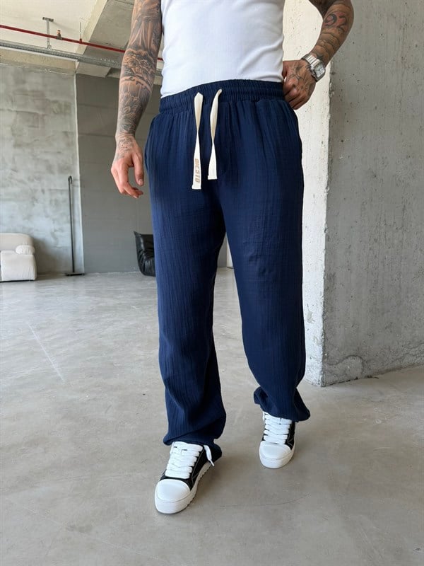 Premium Müslin Kumaş Baggy Pantolon - Lacivert