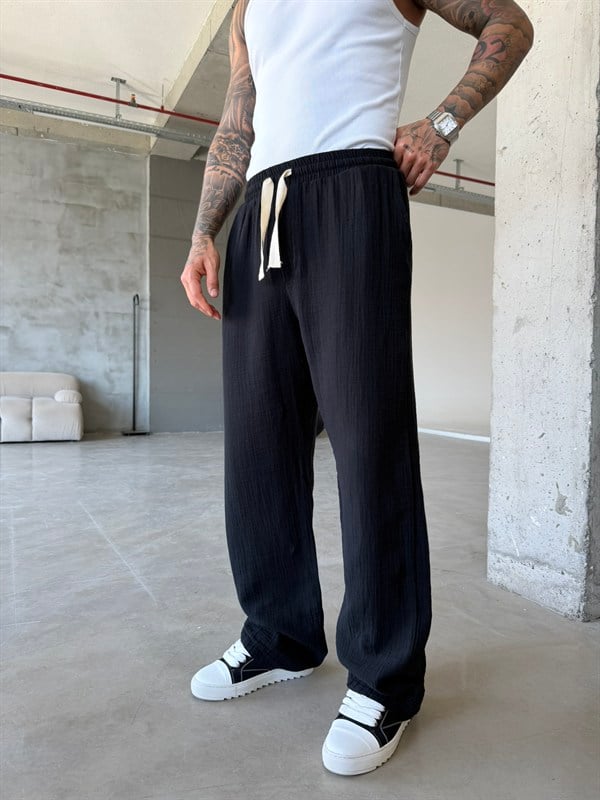 Premium Müslin Kumaş Baggy Pantolon - Siyah