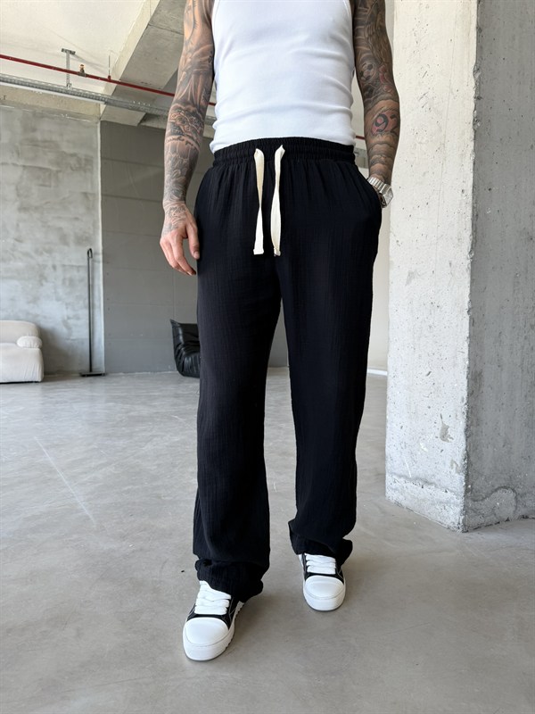Premium Müslin Kumaş Baggy Pantolon - Siyah