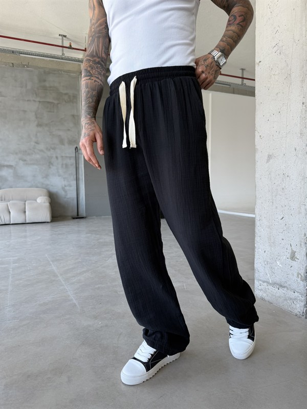 Premium Müslin Kumaş Baggy Pantolon - Siyah