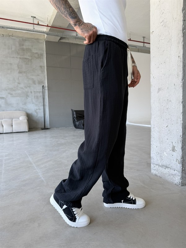 Premium Müslin Kumaş Baggy Pantolon - Siyah
