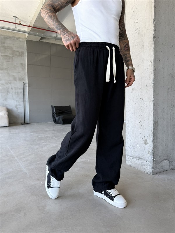 Premium Müslin Kumaş Baggy Pantolon - Siyah
