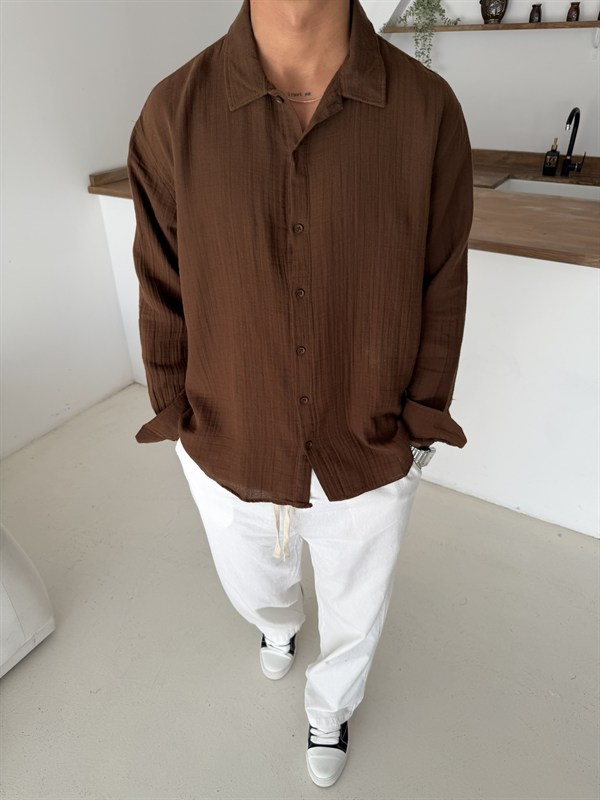 Premium Müslin Kumaş Gömlek - Kahve