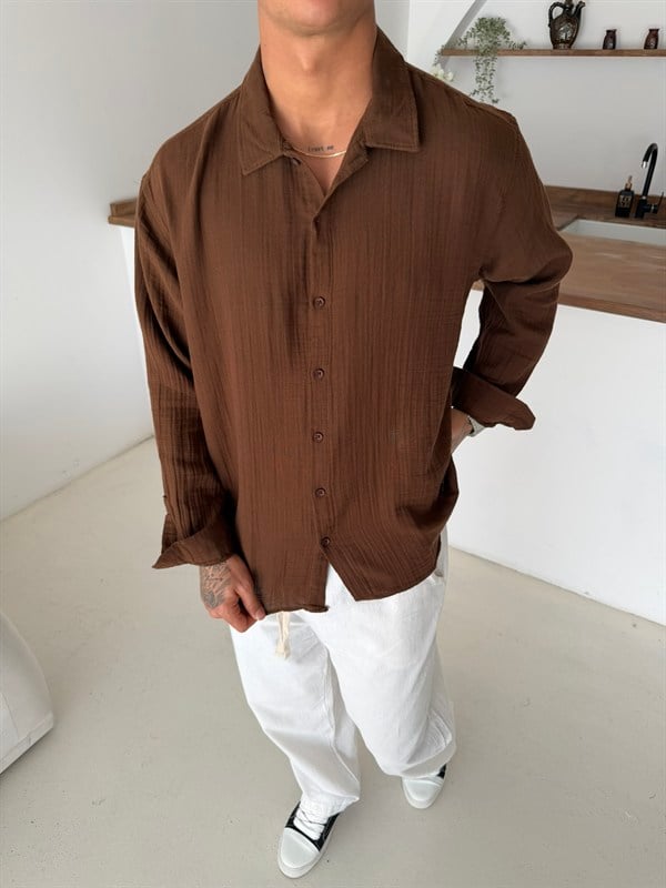 Premium Müslin Kumaş Gömlek - Kahve