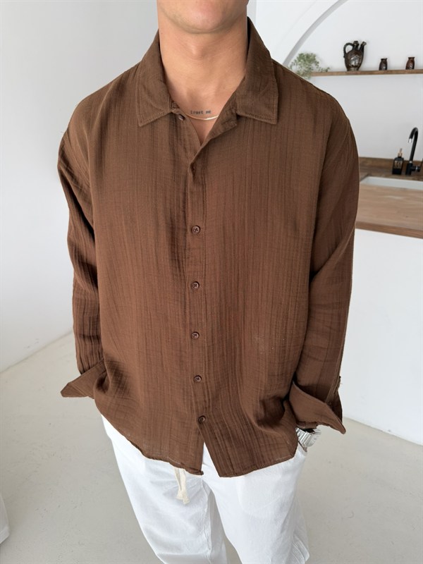 Premium Müslin Kumaş Gömlek - Kahve