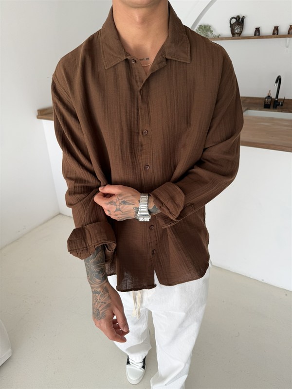 Premium Müslin Kumaş Gömlek - Kahve