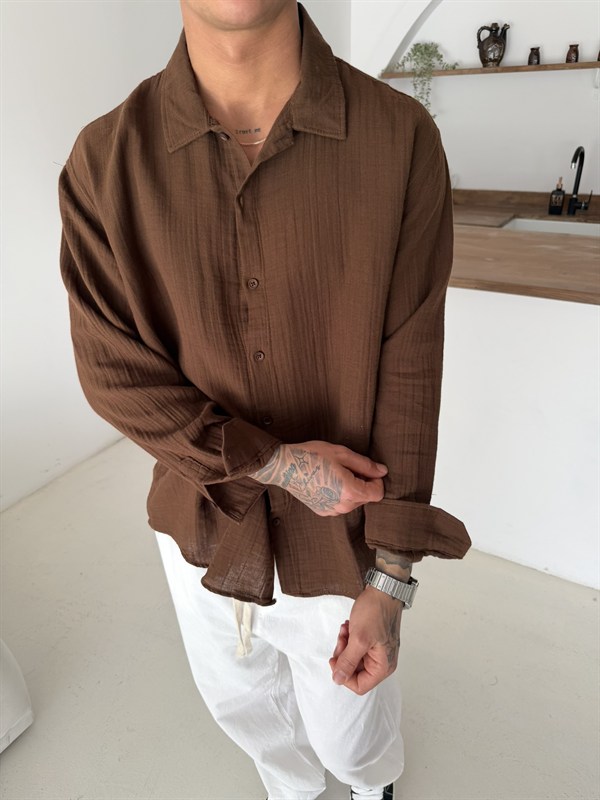 Premium Müslin Kumaş Gömlek - Kahve