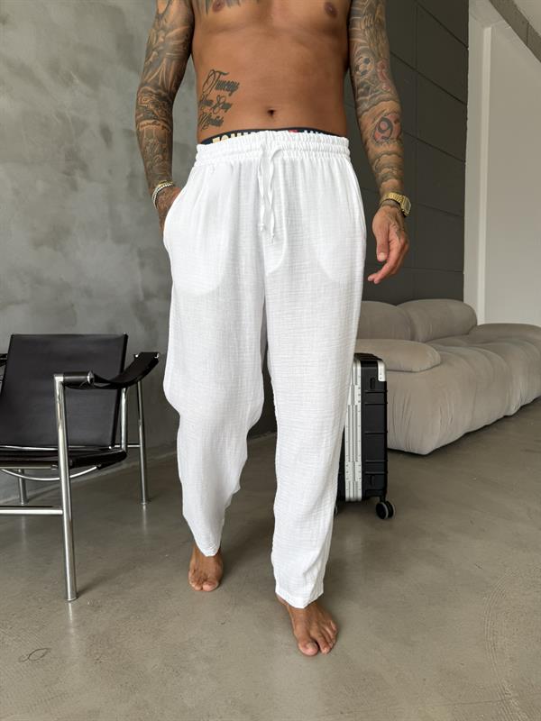 Premium Müslin Kumaş Pantolon - Beyaz