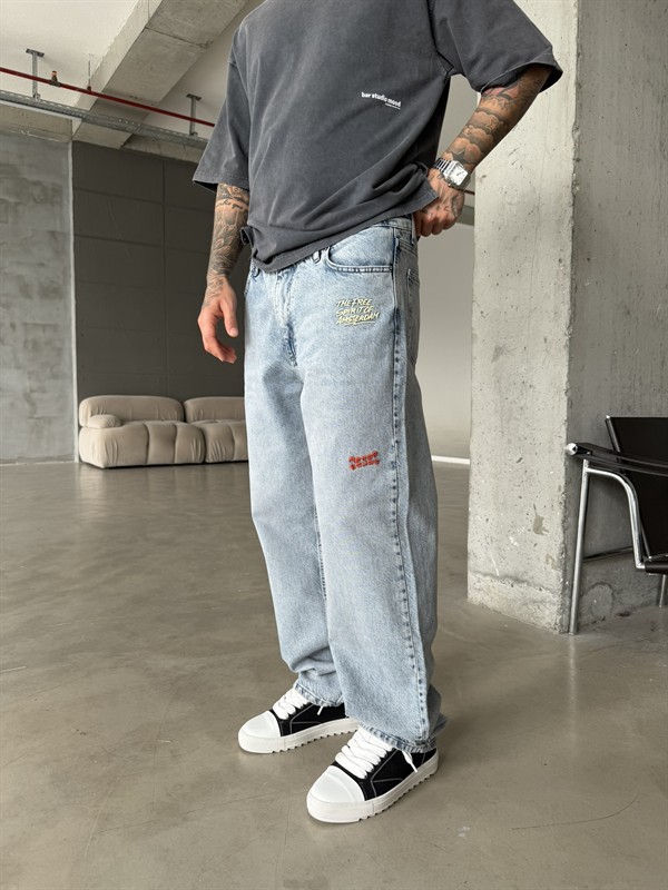 Premium Nakışlı Auro Prime Baggy Pantolon - Mavi