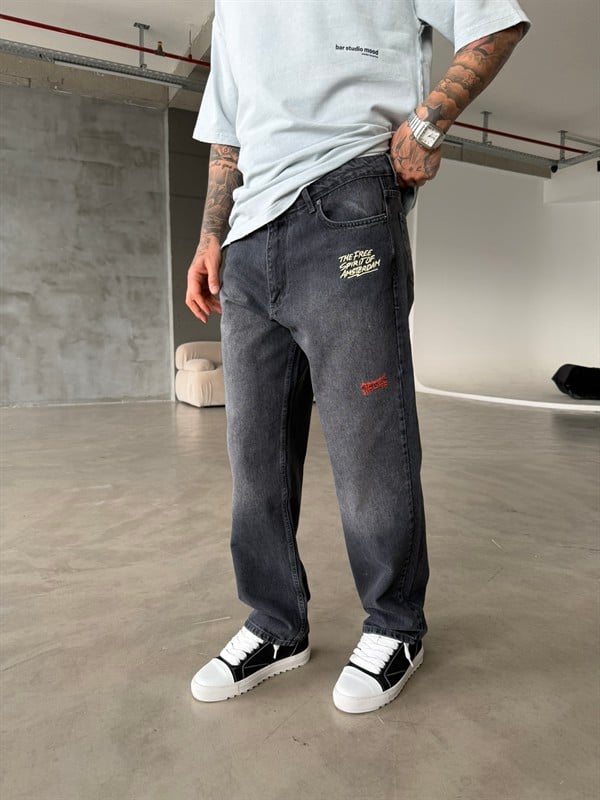 Premium Nakışlı Auro Prime Baggy Pantolon - Antrasit