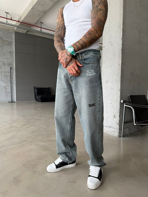 Premium Nakışlı Auro Prime Baggy Pantolon - İndigo